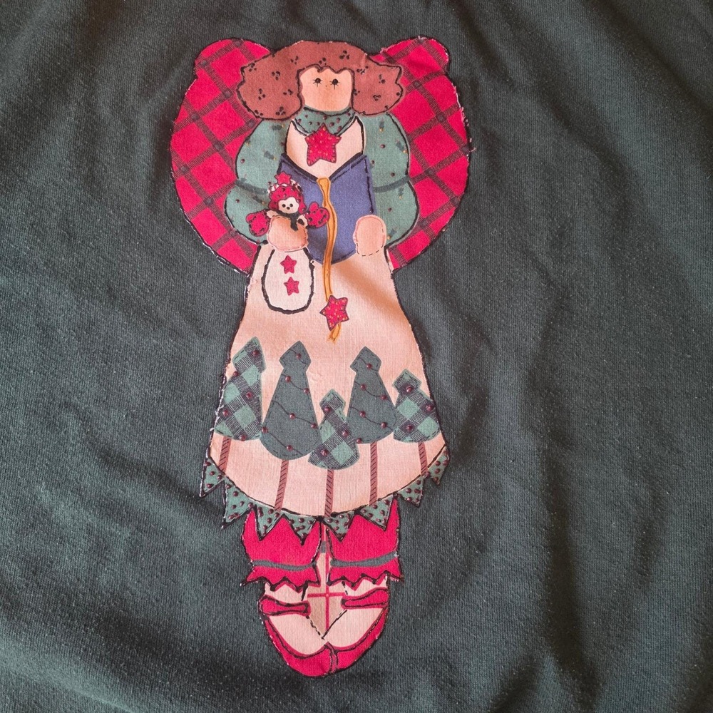 Jerzees Vintage 80s Christmas Angel Sweatshirt Green Crewneck L - Picture 3 of 8